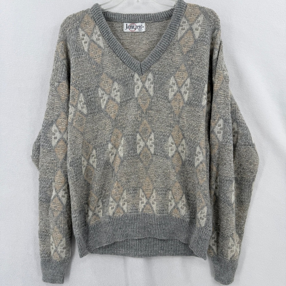 Jantzen Sweater Mens Medium Gray Argyle V-Neck Knit Pullover Vintage Made in USA